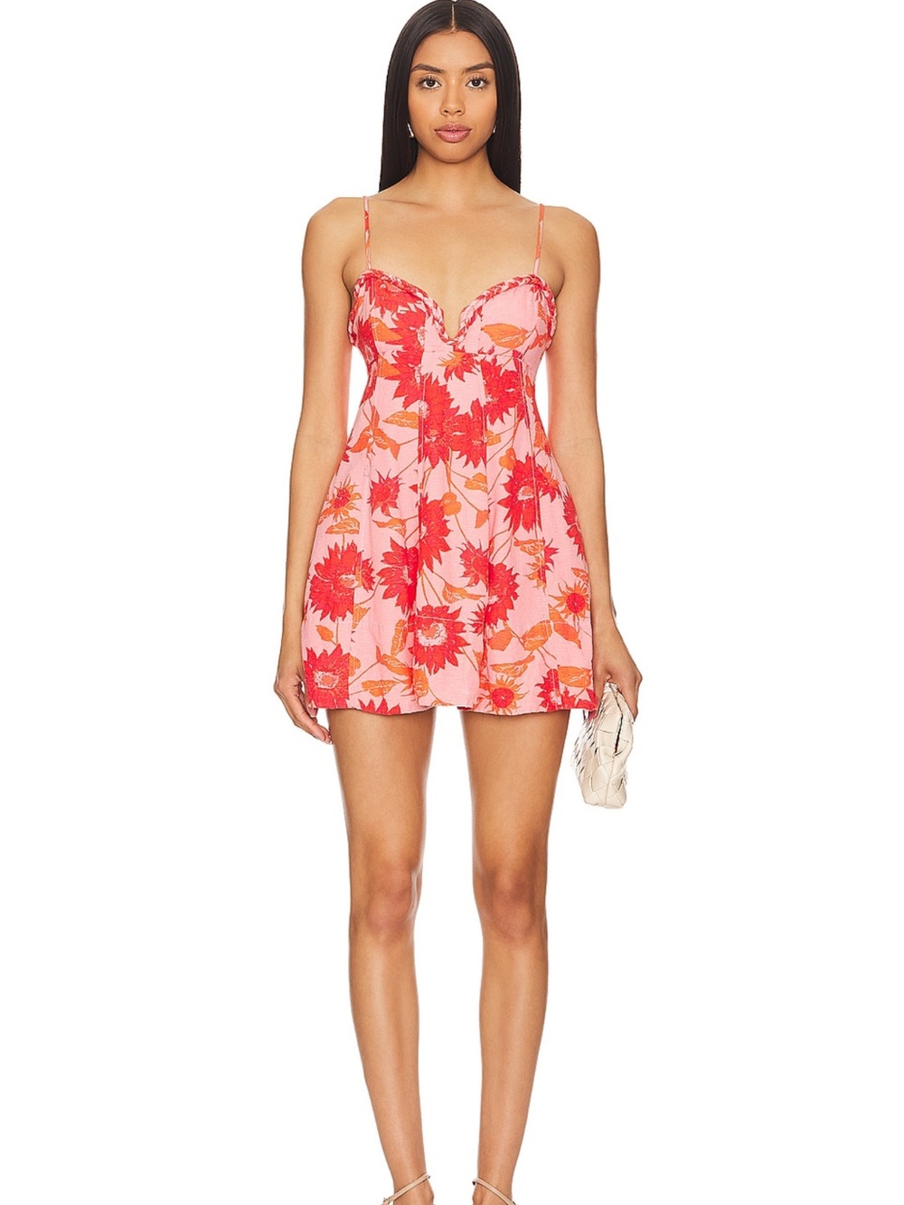 Free People Floral Sweetheart Mini Dress in Pink and Red